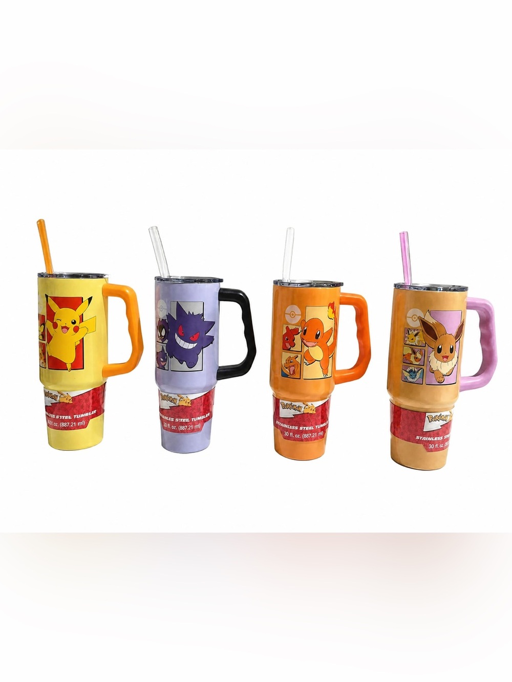 Pokemon Stainless Steel Travel Mug Set - Yellow, Purple, Orange, Pink Handles